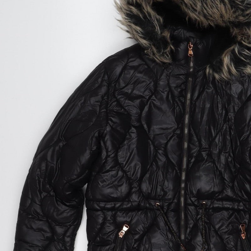 Next Girls Black 12 Years Puffer Coat Faux Fur Hood Quilted