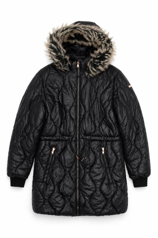 Next Girls Black 12 Years Puffer Coat Faux Fur Hood Quilted