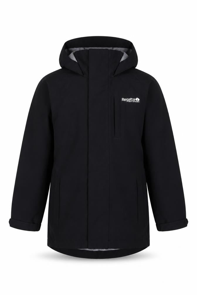 Front view of Regatta boys’ black 3-4 years hooded isotex waterproof softshell jacket