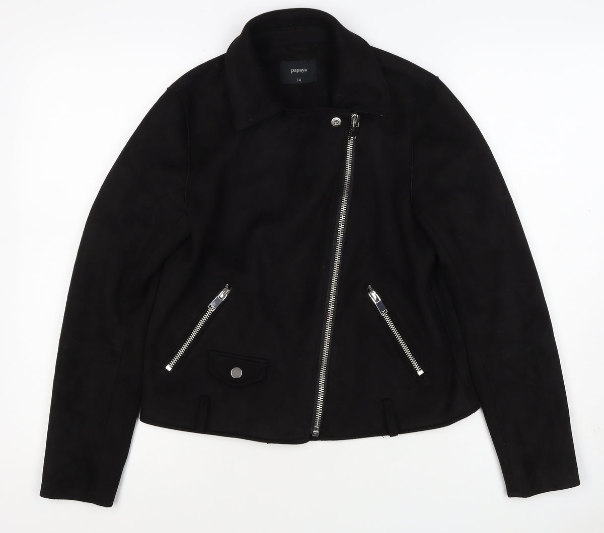 Papaya Women’s Black UK 14 Biker Jacket Faux Suede Zip