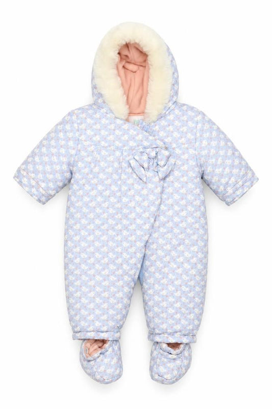 Front view of Mini Club girls’ blue 3-6m puffer bunny hooded snowsuit