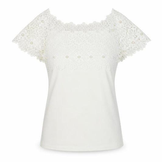 XLG Women's Ivory XL Lace Pearl Off Shoulder Floral Blouse Party