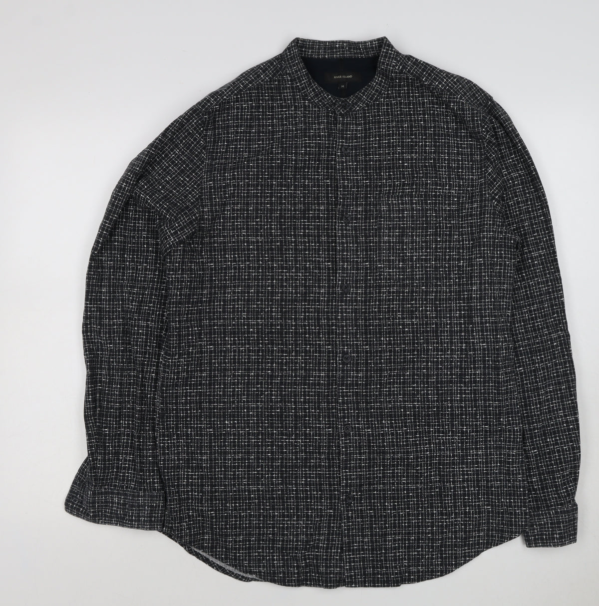 River Island Men's Black M Long Sleeve Check Band Collar Button-Up Shirt