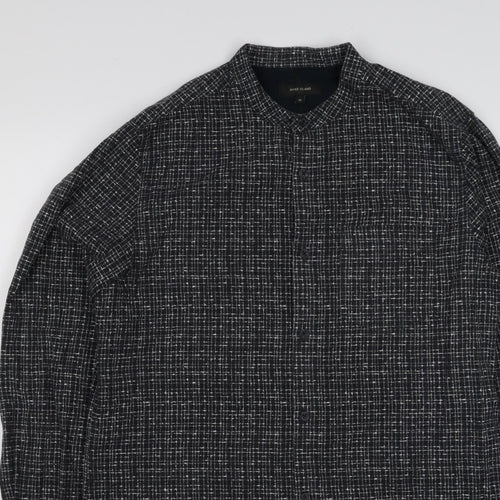 River Island Men's Black M Long Sleeve Check Band Collar Button-Up Shirt