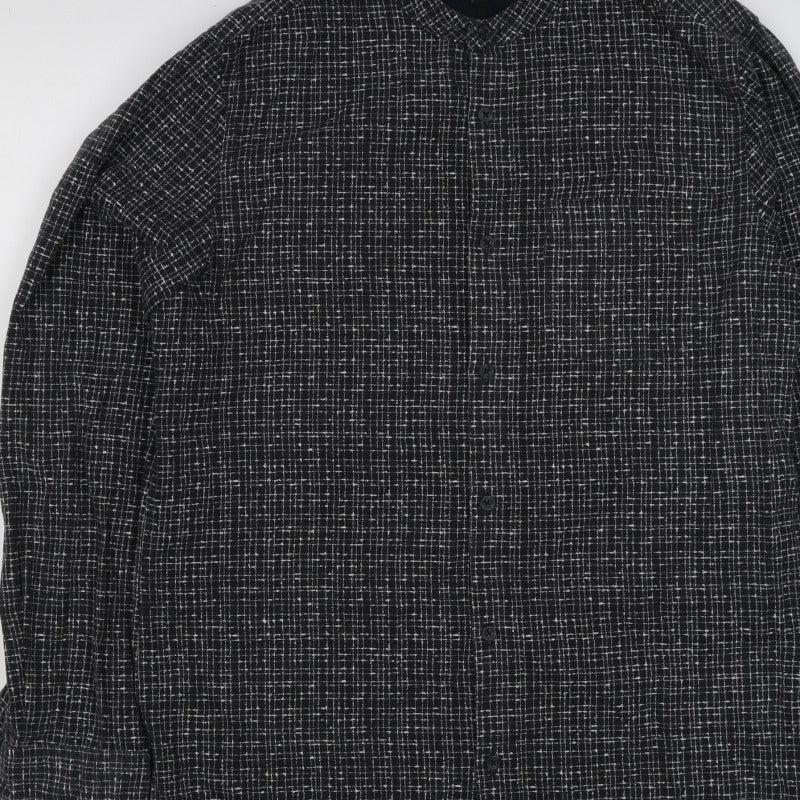River Island Men's Black M Long Sleeve Check Band Collar Button-Up Shirt