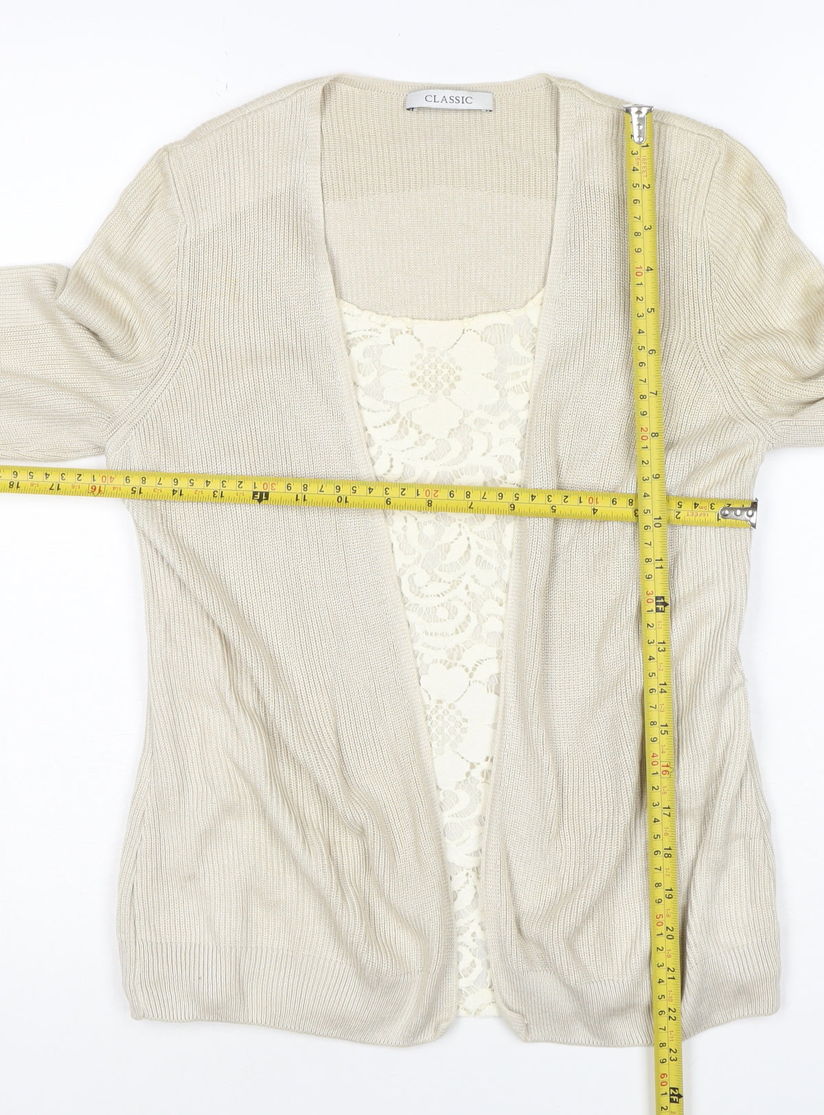 Close-up detail of M&S Women’s Ivory, size UK 10, Open Knit Lace Front Cardigan