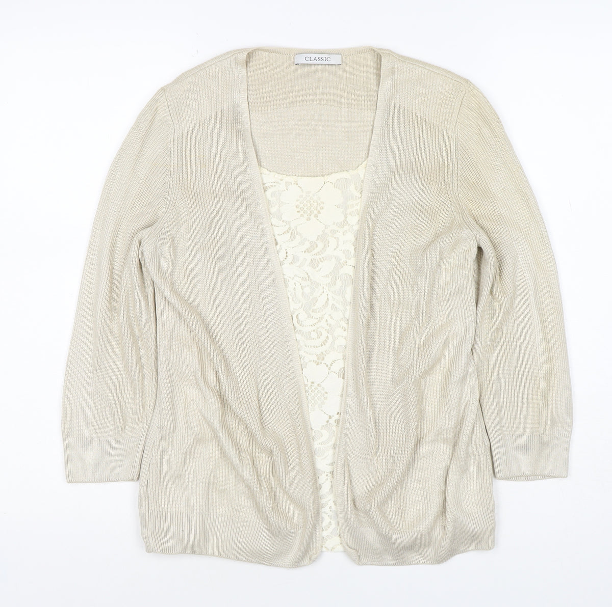 Brand and care label for M&S Women’s Ivory, size UK 10, Open Knit Lace Front Cardigan