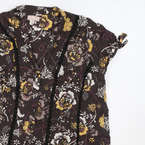 Soon Women’s Brown Floral Cotton Button-Up Tunic Top UK 12 Beaded