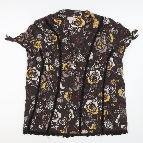 Soon Women’s Brown Floral Cotton Button-Up Tunic Top UK 12 Beaded