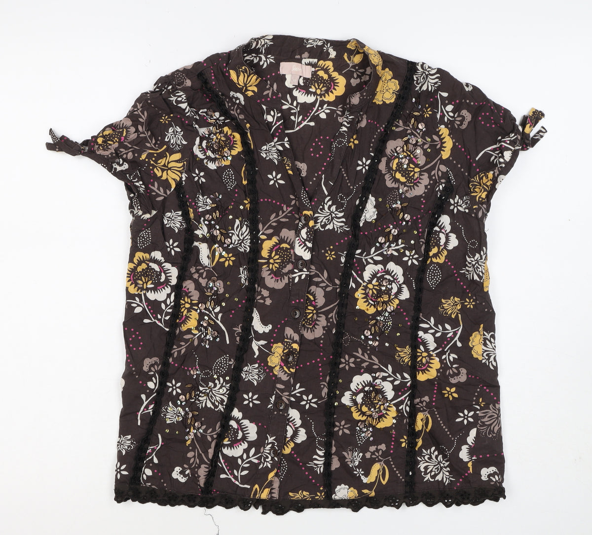 Soon Women’s Brown Floral Cotton Button-Up Tunic Top UK 12 Beaded