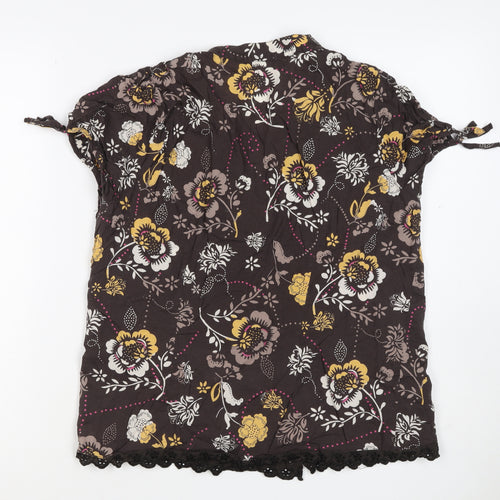 Soon Women’s Brown Floral Cotton Button-Up Tunic Top UK 12 Beaded