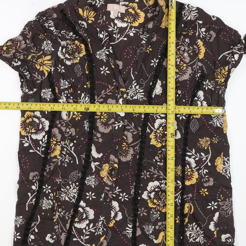 Soon Women’s Brown Floral Cotton Button-Up Tunic Top UK 12 Beaded