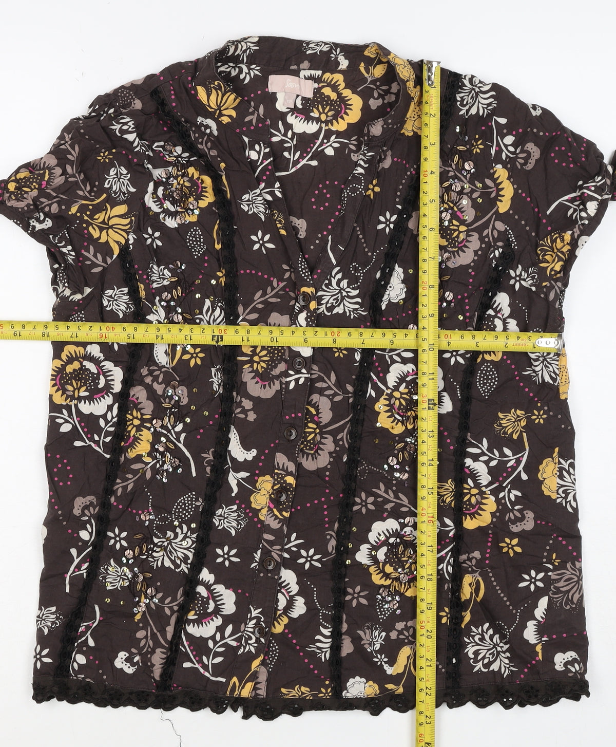 Soon Women’s Brown Floral Cotton Button-Up Tunic Top UK 12 Beaded