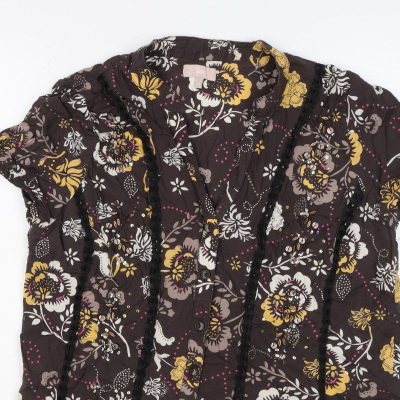 Soon Women’s Brown Floral Cotton Button-Up Tunic Top UK 12 Beaded