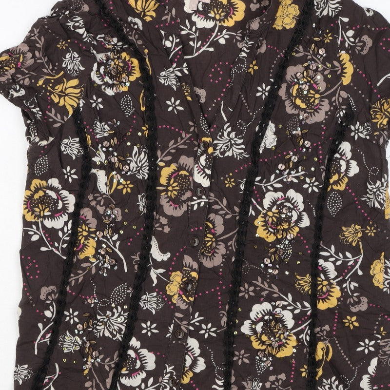 Soon Women’s Brown Floral Cotton Button-Up Tunic Top UK 12 Beaded