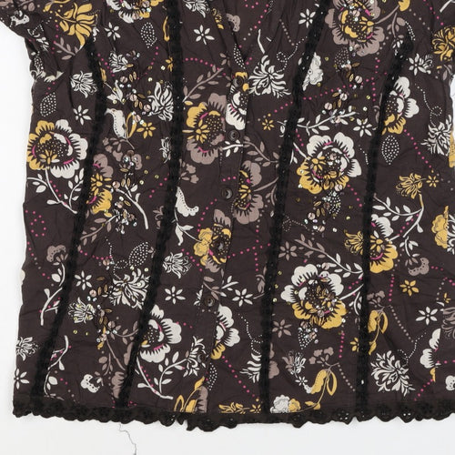 Soon Women’s Brown Floral Cotton Button-Up Tunic Top UK 12 Beaded