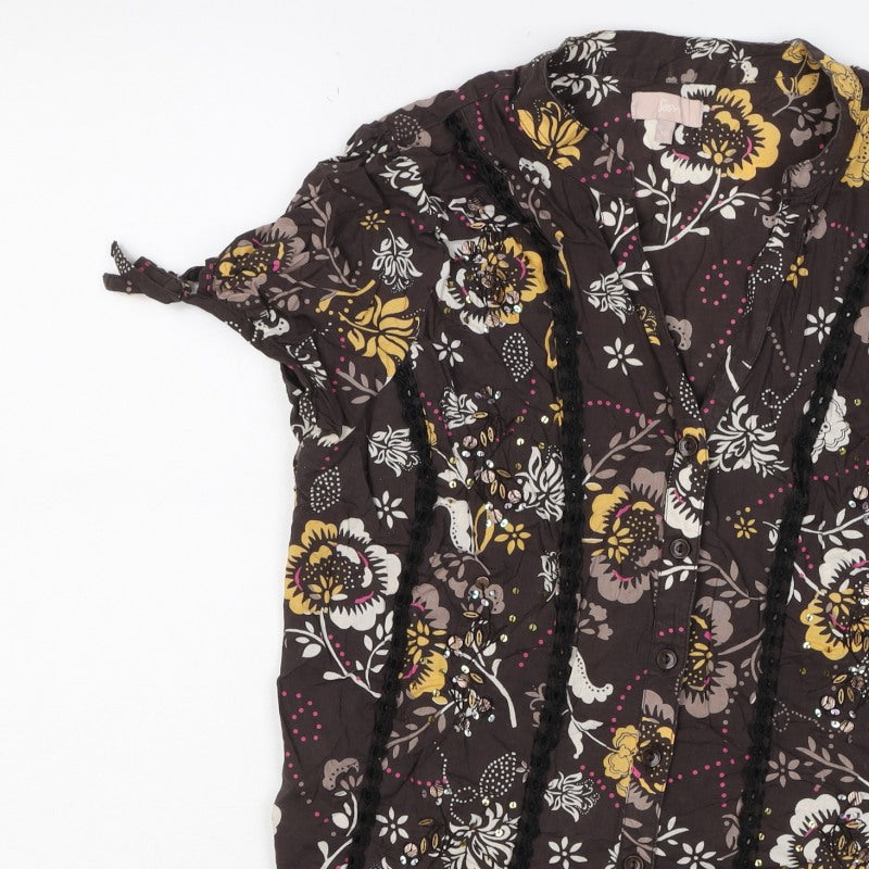 Soon Women’s Brown Floral Cotton Button-Up Tunic Top UK 12 Beaded