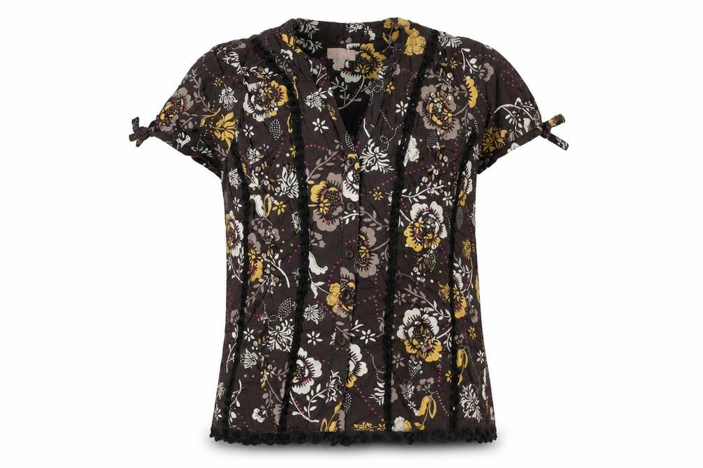 Soon Women’s Brown Floral Cotton Button-Up Tunic Top UK 12 Beaded