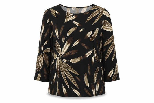 Saloos Women Black Feather Print Relaxed Tunic Blouse UK 12 3/4 Sleeve