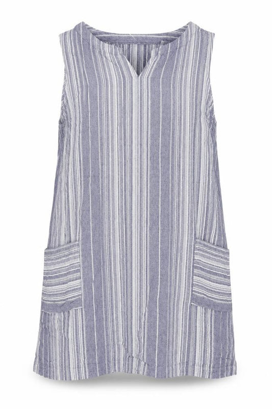 Roman Women Blue Stripe V-Neck Linen Blend Tunic Blouse Size 18