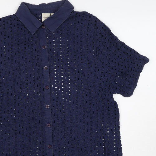 Cotton Traders Women Blue Size 14 Eyelet Lace Collared Button-Up Shirt