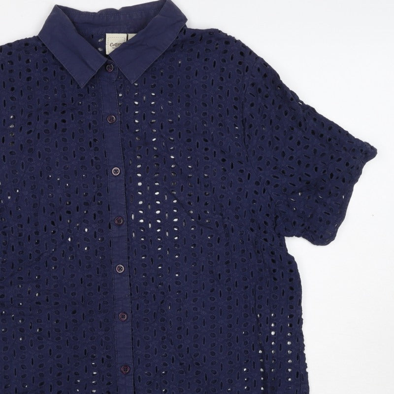 Cotton Traders Women Blue Size 14 Eyelet Lace Collared Button-Up Shirt