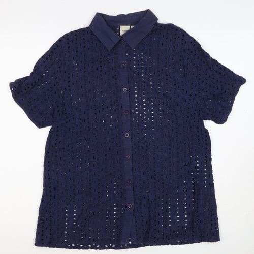 Cotton Traders Women Blue Size 14 Eyelet Lace Collared Button-Up Shirt