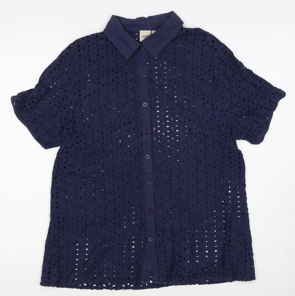Cotton Traders Women Blue Size 14 Eyelet Lace Collared Button-Up Shirt