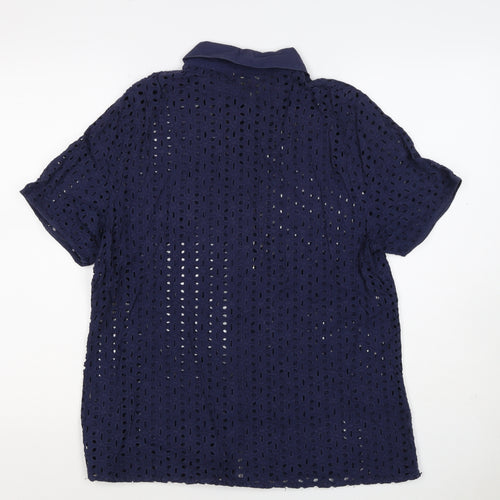 Cotton Traders Women Blue Size 14 Eyelet Lace Collared Button-Up Shirt