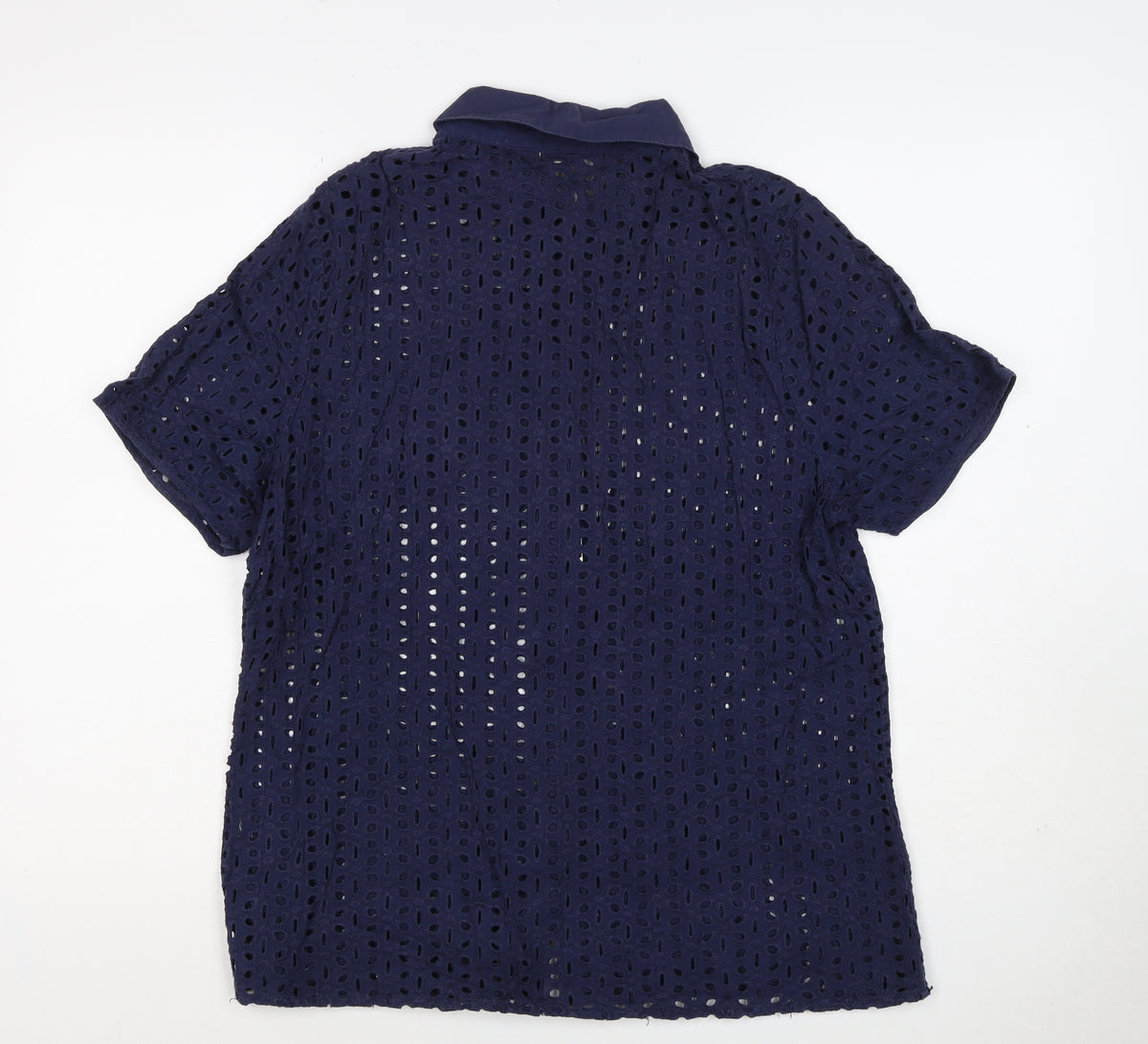 Cotton Traders Women Blue Size 14 Eyelet Lace Collared Button-Up Shirt