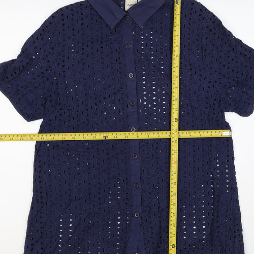 Cotton Traders Women Blue Size 14 Eyelet Lace Collared Button-Up Shirt
