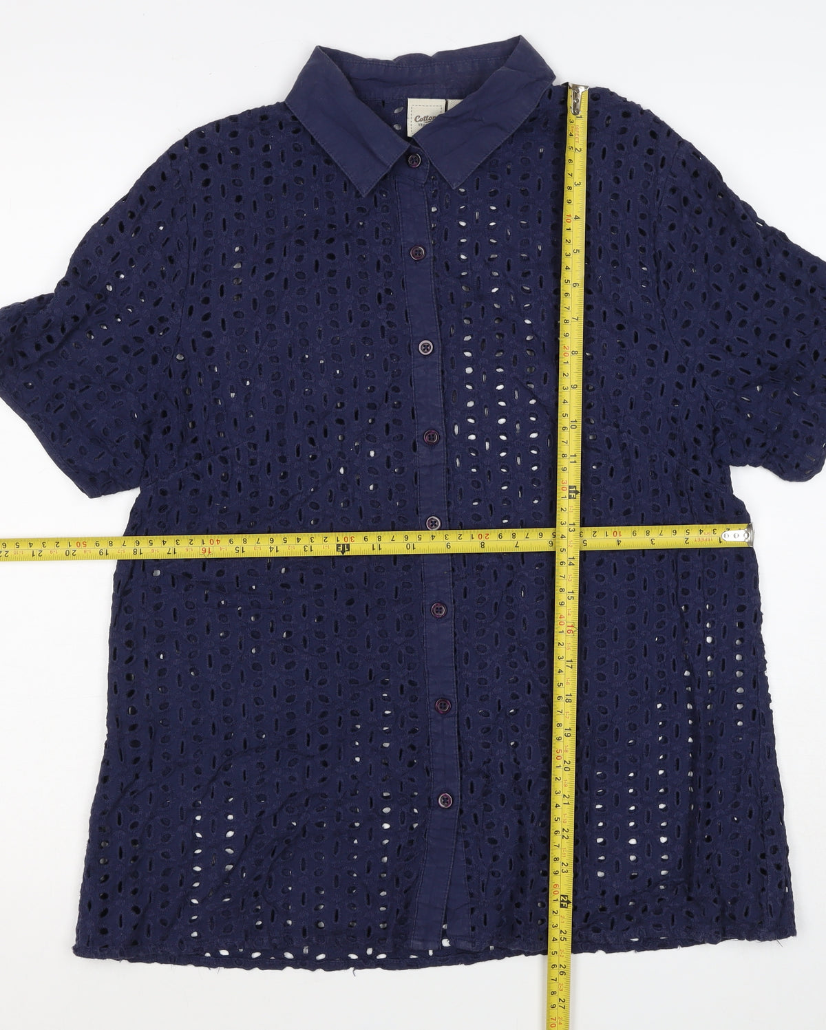 Cotton Traders Women Blue Size 14 Eyelet Lace Collared Button-Up Shirt