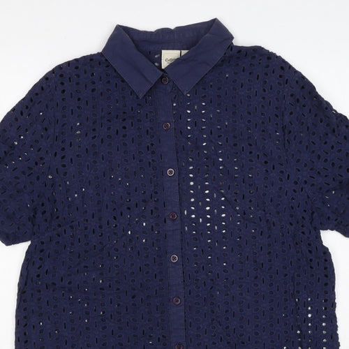 Cotton Traders Women Blue Size 14 Eyelet Lace Collared Button-Up Shirt