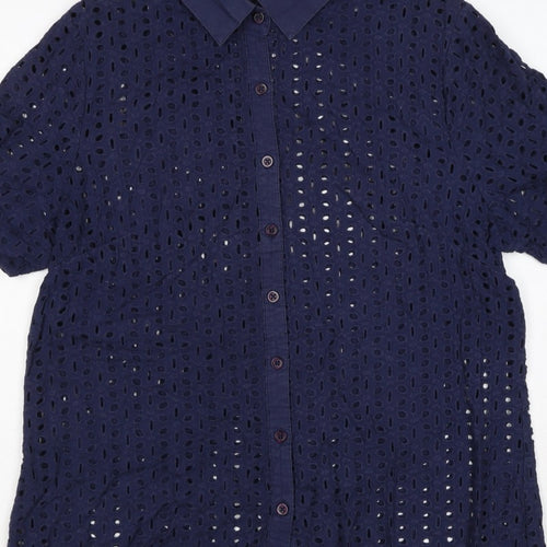 Cotton Traders Women Blue Size 14 Eyelet Lace Collared Button-Up Shirt