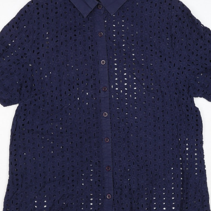 Cotton Traders Women Blue Size 14 Eyelet Lace Collared Button-Up Shirt