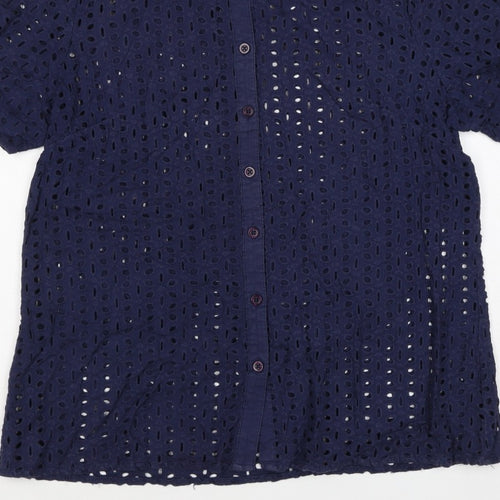 Cotton Traders Women Blue Size 14 Eyelet Lace Collared Button-Up Shirt