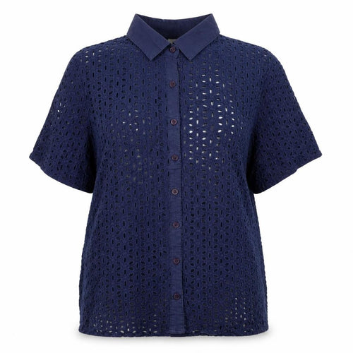 Cotton Traders Women Blue Size 14 Eyelet Lace Collared Button-Up Shirt