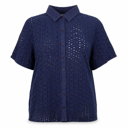 Cotton Traders Women Blue Size 14 Eyelet Lace Collared Button-Up Shirt