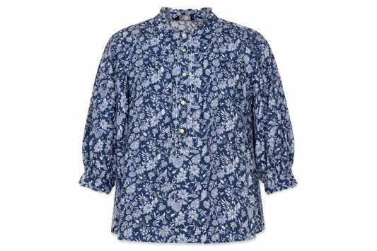 M&S Collection Women Blue Floral Cotton Size 16 Ruffle Blouse