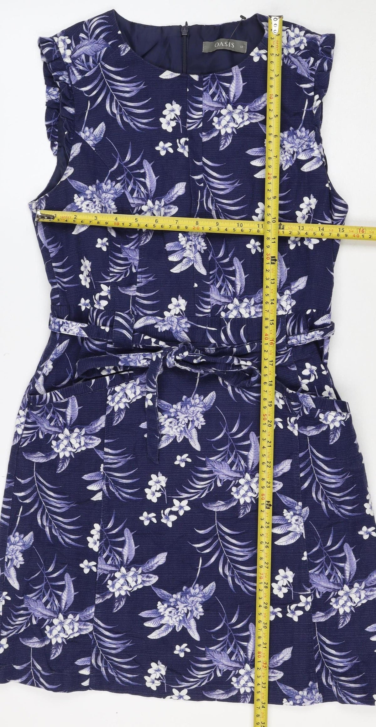 Oasis Women’s Blue Floral Midi Fit & Flare Tie Waist Dress UK 12