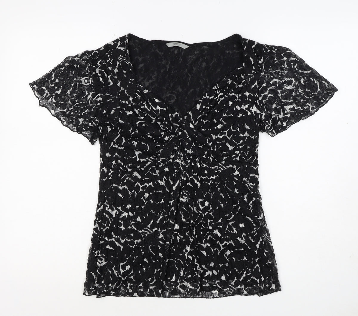 Marks & Spencer Women Black White UK 12 Floral Wrap Flutter Sleeve Blouse
