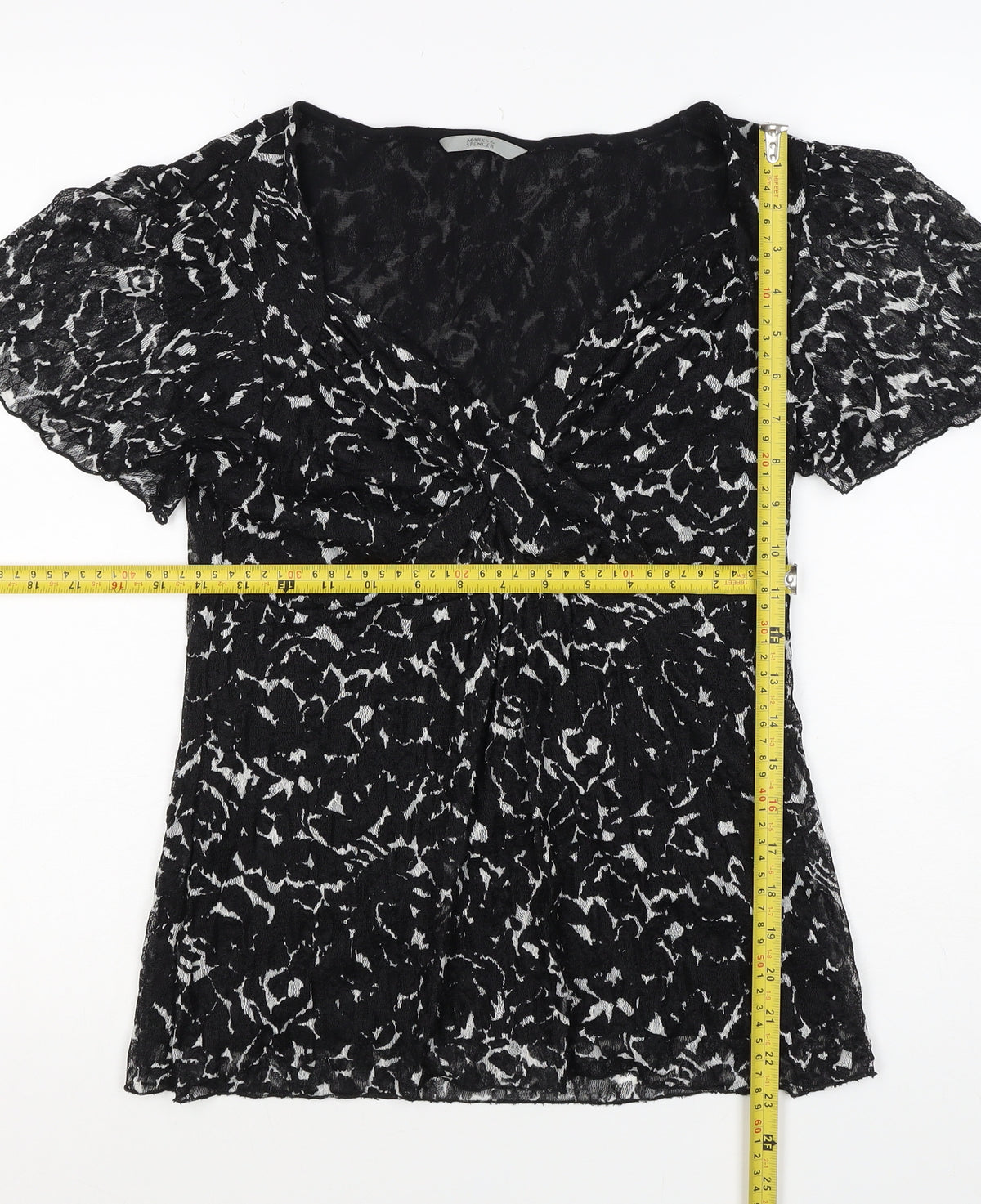 Marks & Spencer Women Black White UK 12 Floral Wrap Flutter Sleeve Blouse