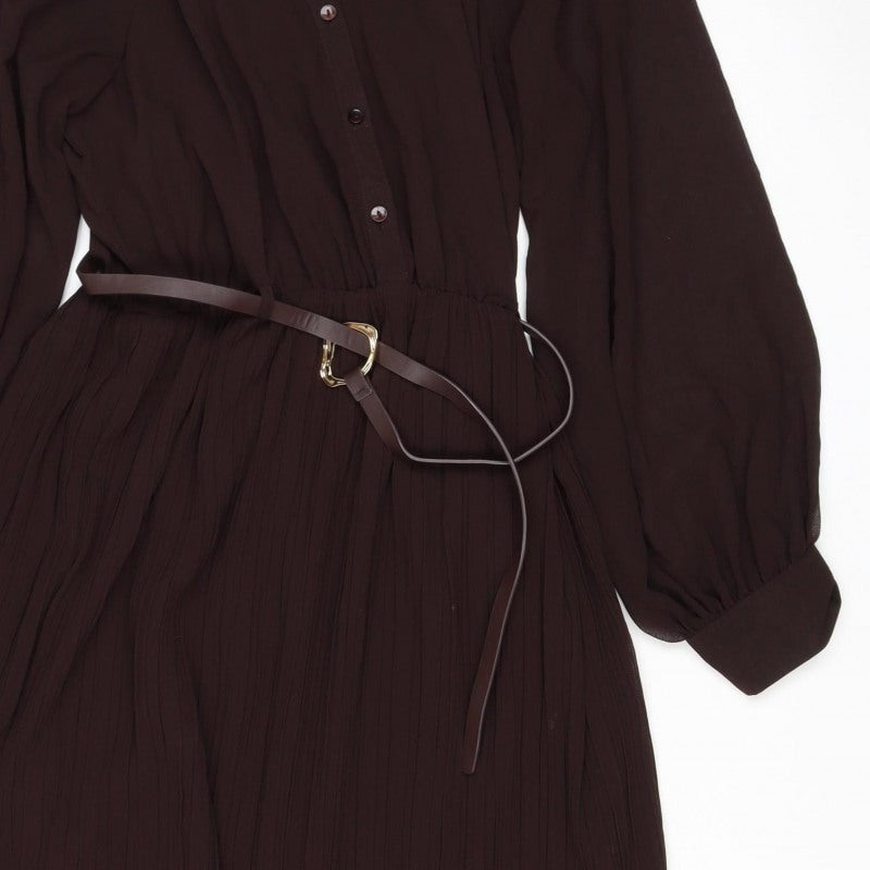 Zara Women Brown M Midi Pleated Belted Shirt Dress Long Sleeve