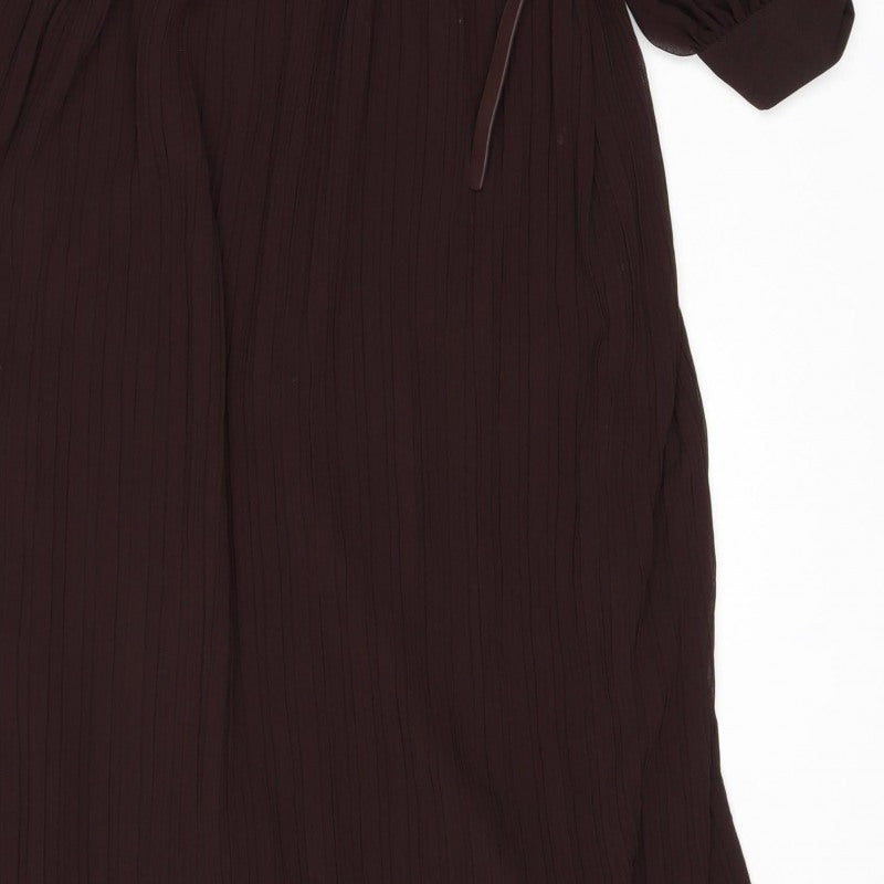 Zara Women Brown M Midi Pleated Belted Shirt Dress Long Sleeve