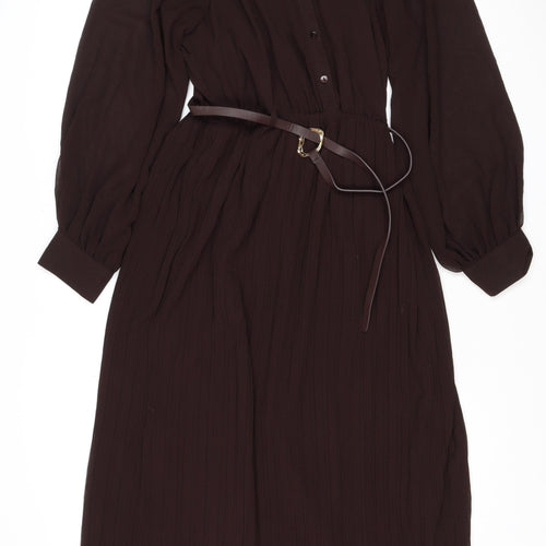 Zara Women Brown M Midi Pleated Belted Shirt Dress Long Sleeve