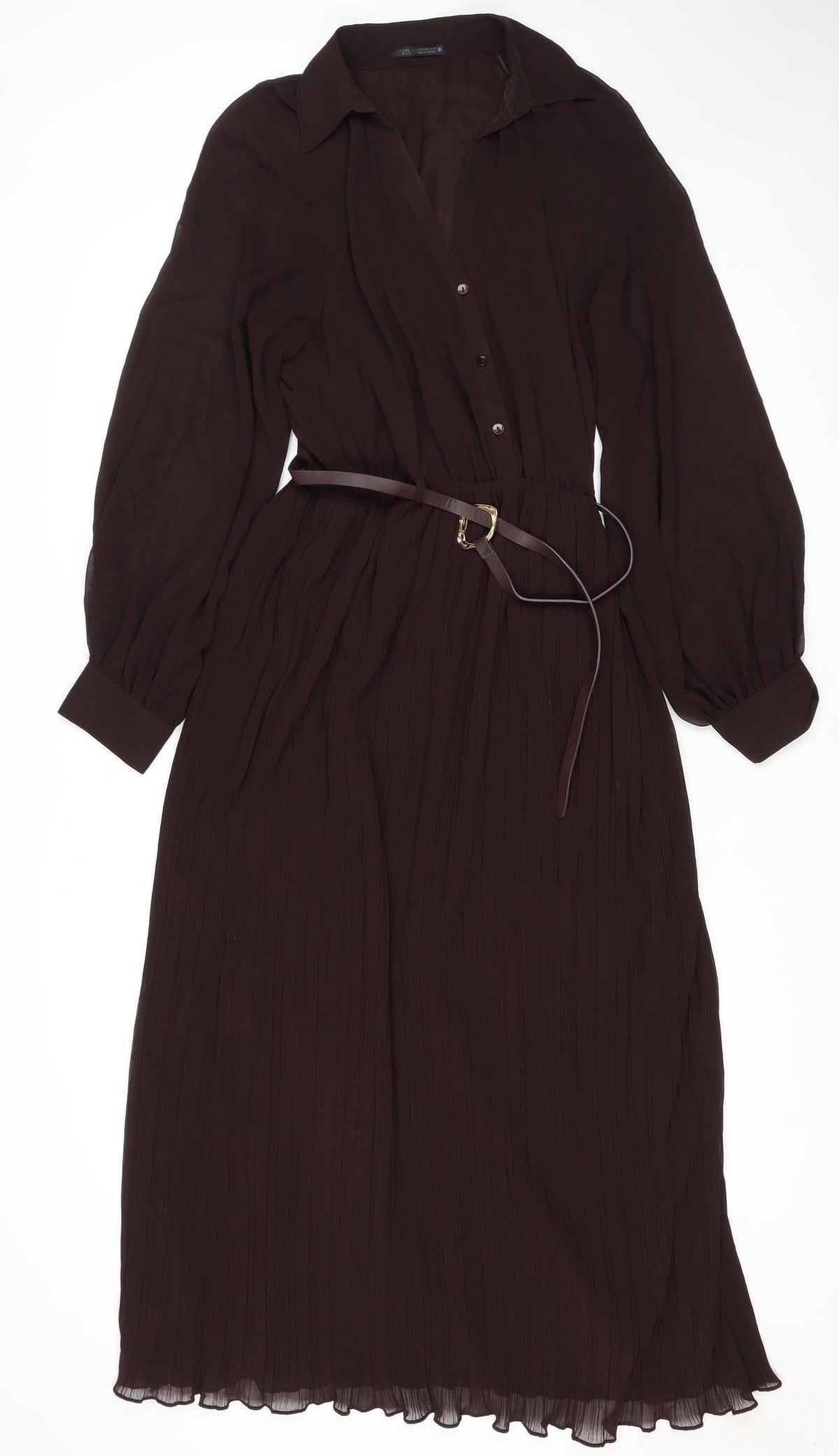 Zara Women Brown M Midi Pleated Belted Shirt Dress Long Sleeve