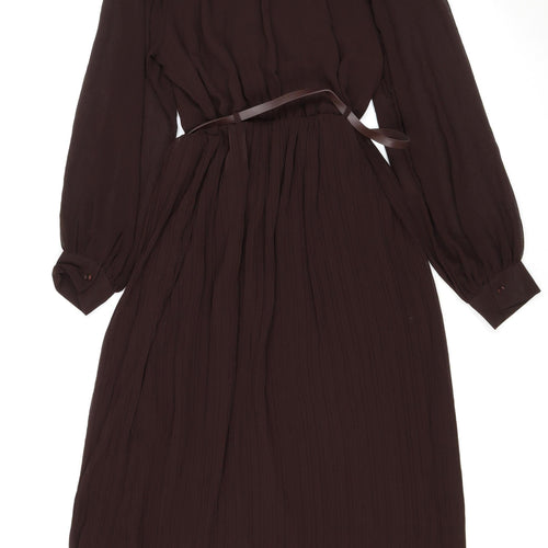 Zara Women Brown M Midi Pleated Belted Shirt Dress Long Sleeve