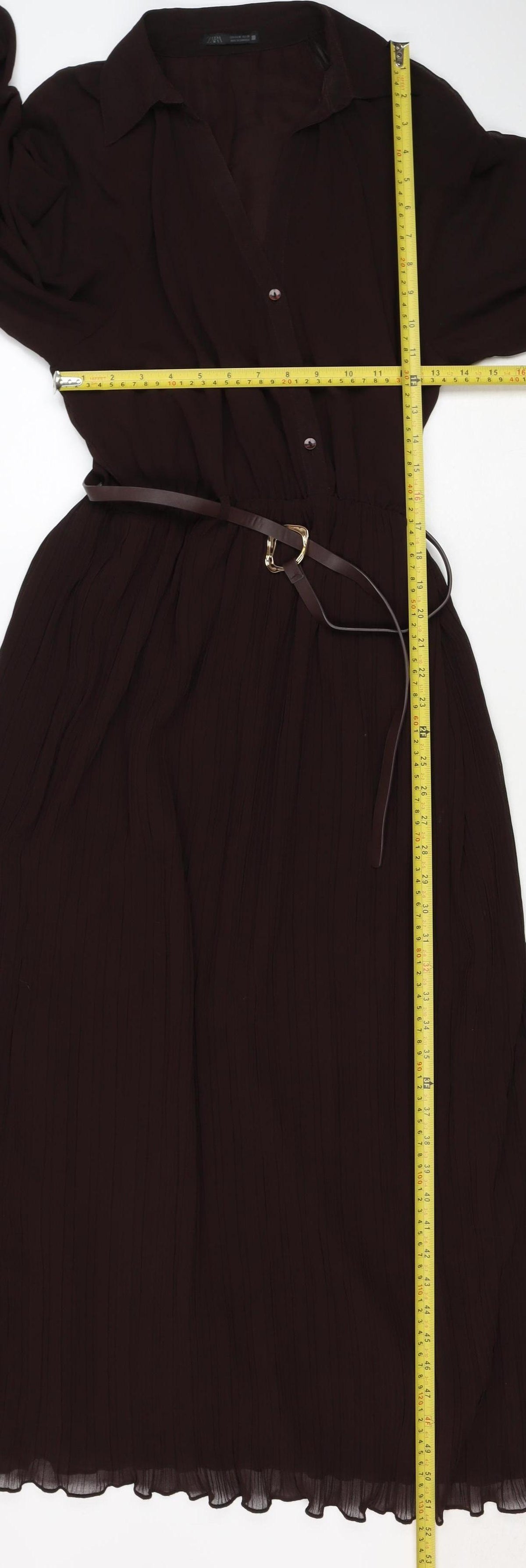 Zara Women Brown M Midi Pleated Belted Shirt Dress Long Sleeve