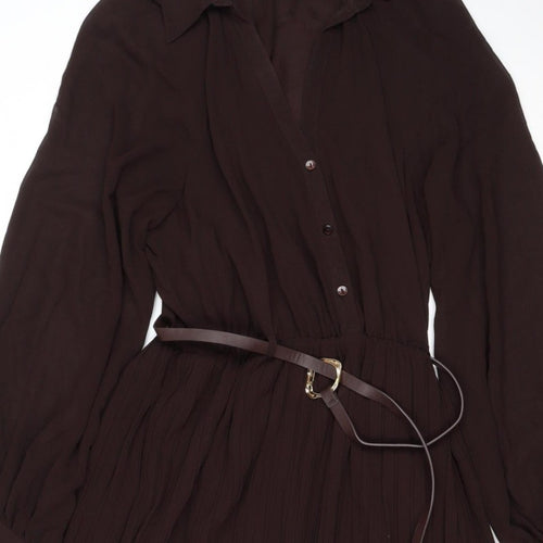 Zara Women Brown M Midi Pleated Belted Shirt Dress Long Sleeve