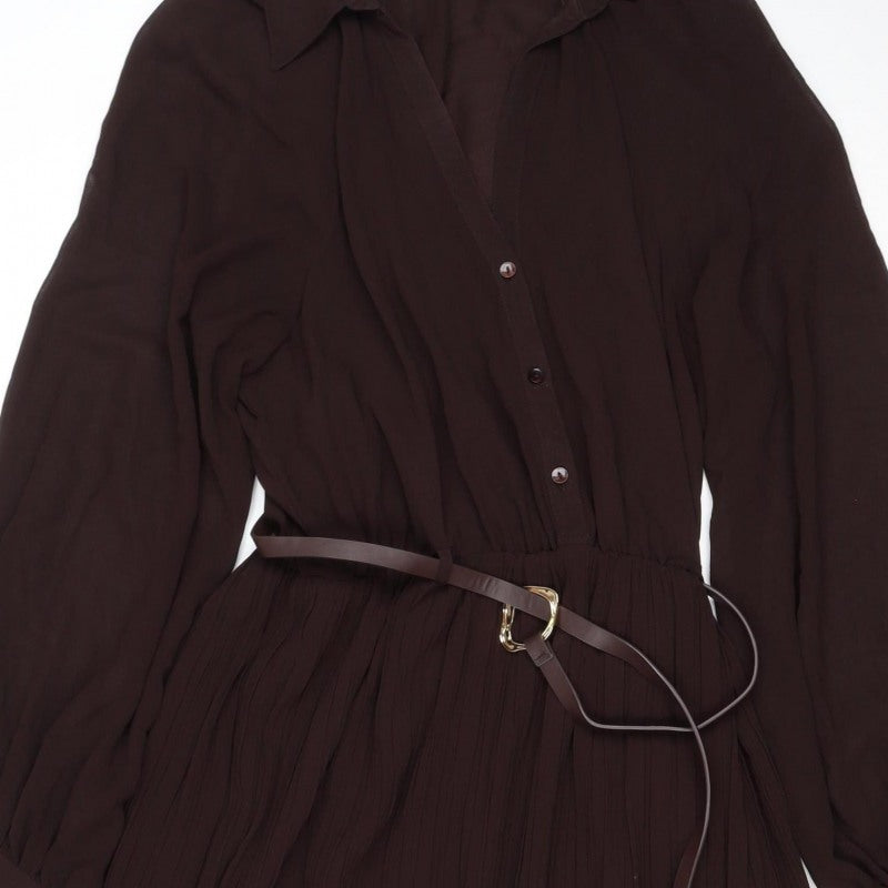 Zara Women Brown M Midi Pleated Belted Shirt Dress Long Sleeve